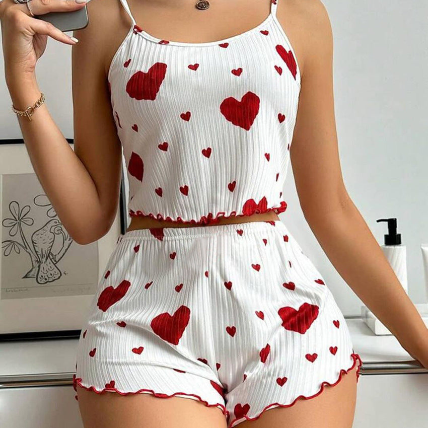 Stripe Heart Printing Sweet Spaghetti-Strap Pajamas