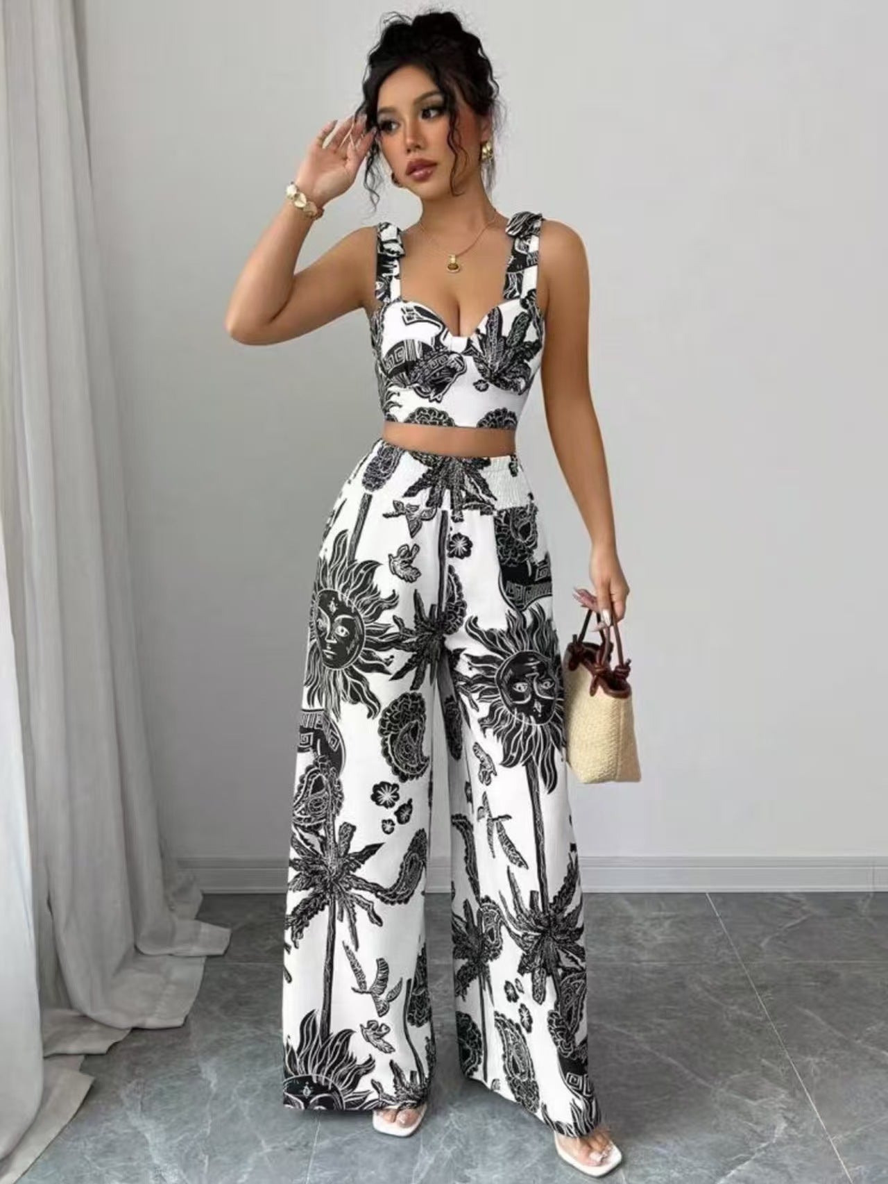 Sexy V-neck Camisole Top & Loose Waistband Wide-leg Pants