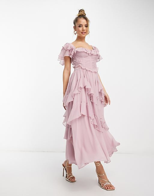 Flutter Sleeve Ruched Corset Detail Tiered Midi Dress