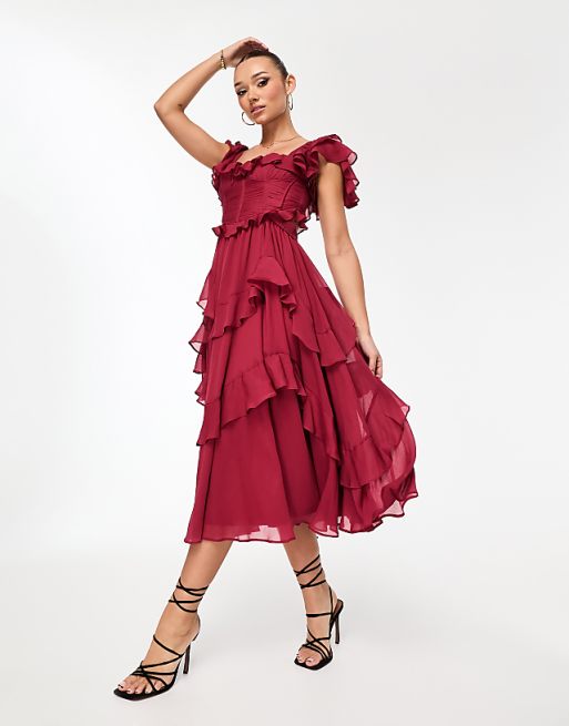 Flutter Sleeve Ruched Corset Detail Tiered Midi Dress