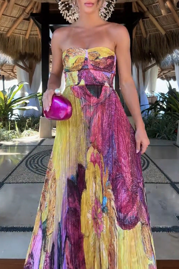 Printed Pleated Sleeveless Dress