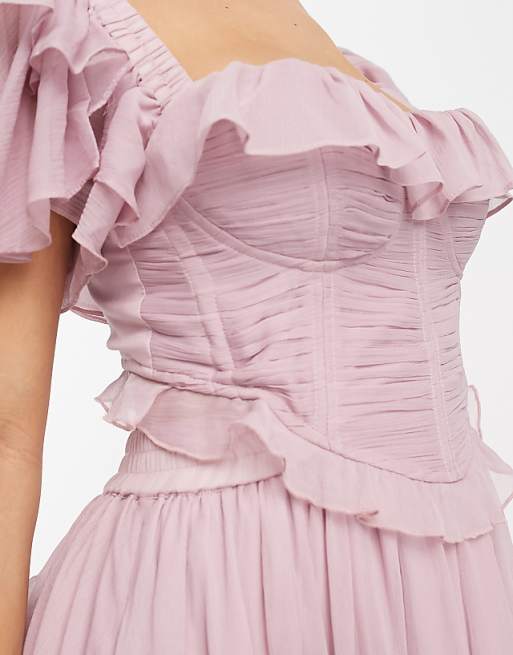 Flutter Sleeve Ruched Corset Detail Tiered Midi Dress