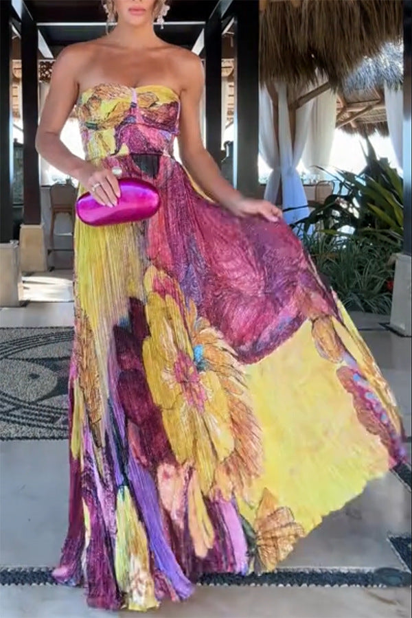 Printed Pleated Sleeveless Dress