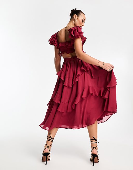 Flutter Sleeve Ruched Corset Detail Tiered Midi Dress
