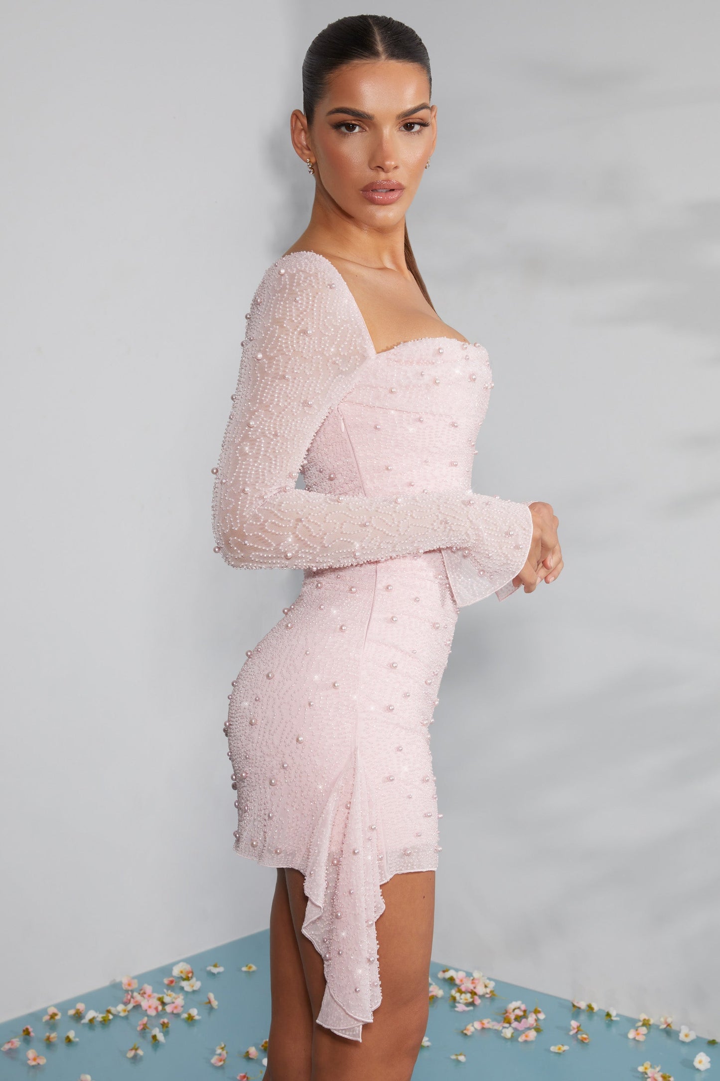 Long Sleeve Embellished Cowl Neck Mini Dress