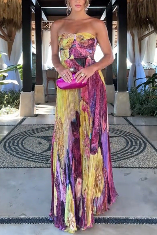 Printed Pleated Sleeveless Dress