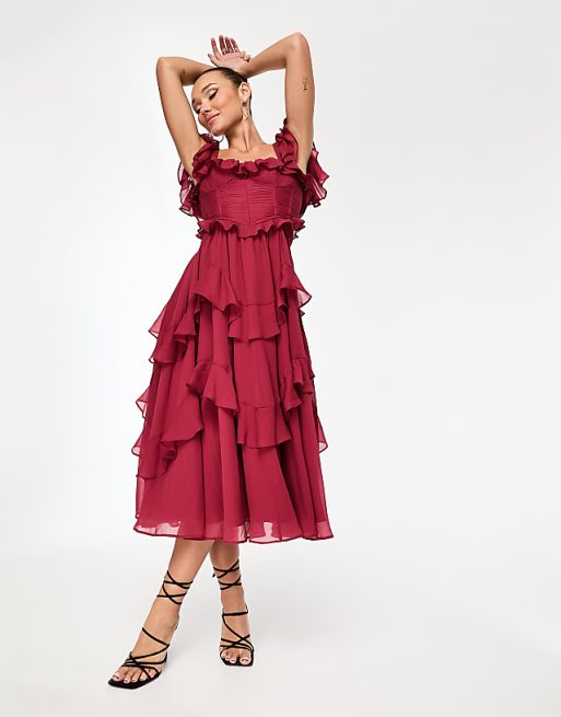 Flutter Sleeve Ruched Corset Detail Tiered Midi Dress