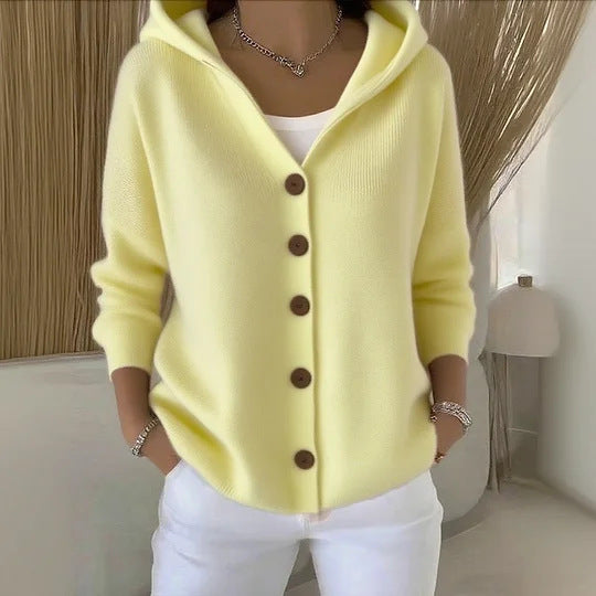 Solid Color Button Knitted Hooded Cardigan