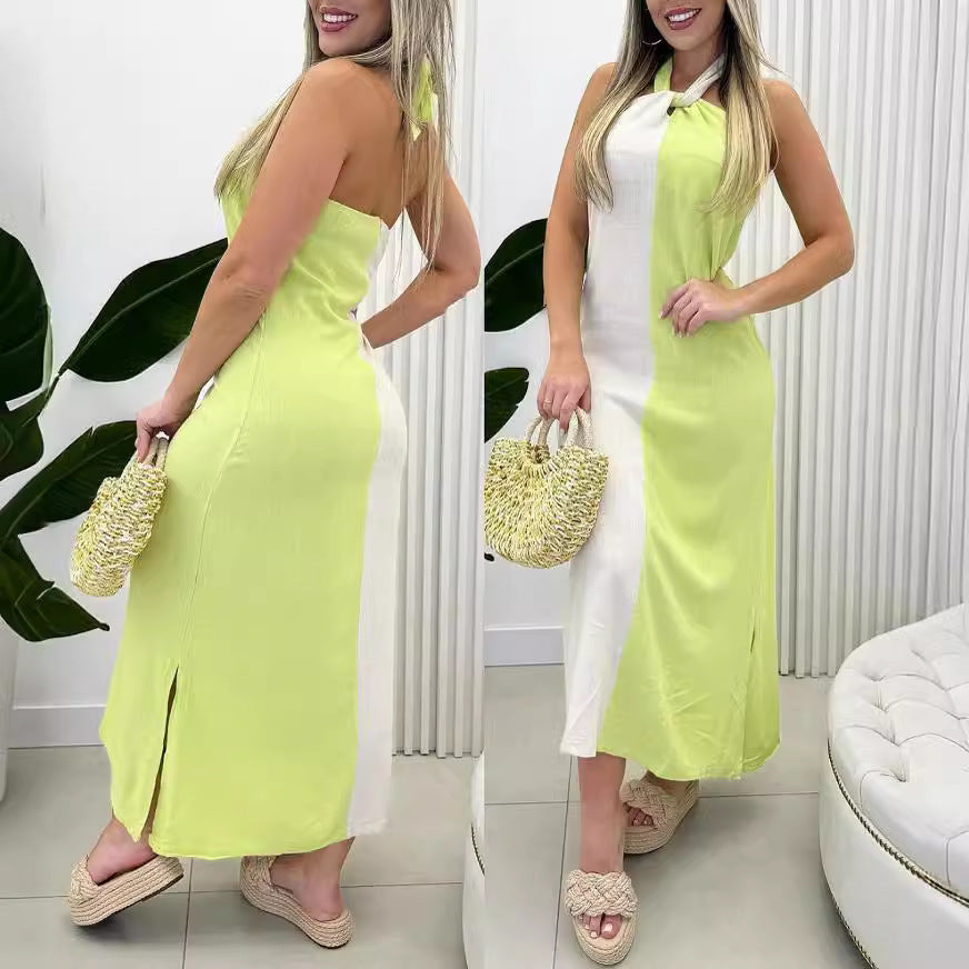 Solid Color Stitched Backless Split Dress