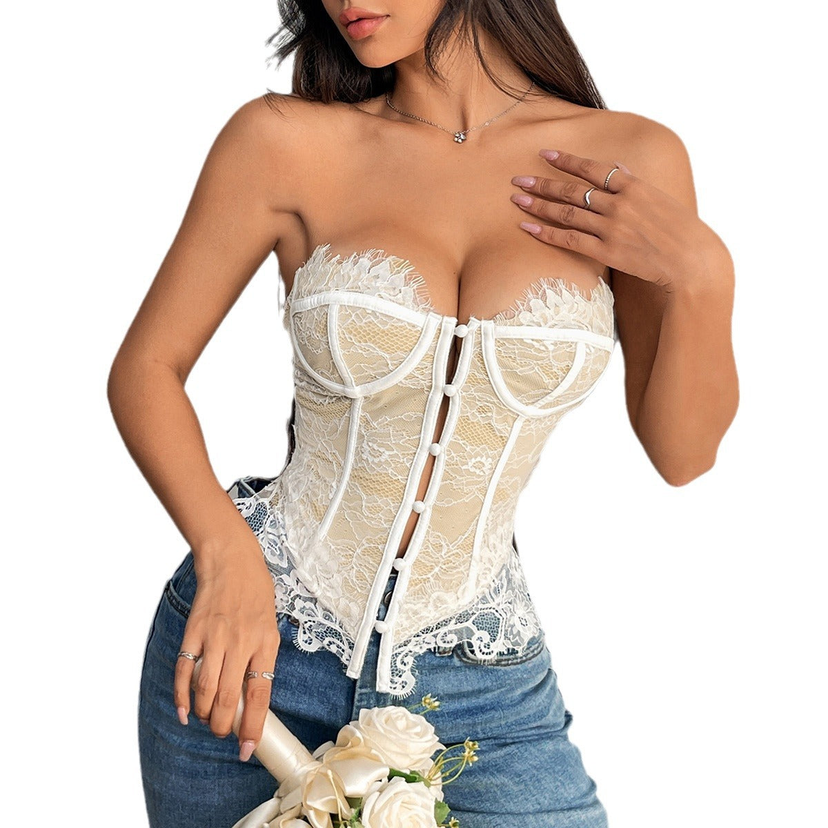 Lace Button Tube Top