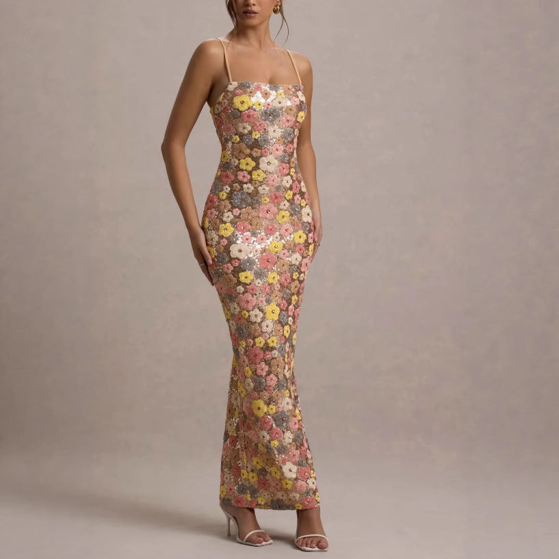 Sexy Spicy Girl Floral Print Sequin Square Neck Long Dress