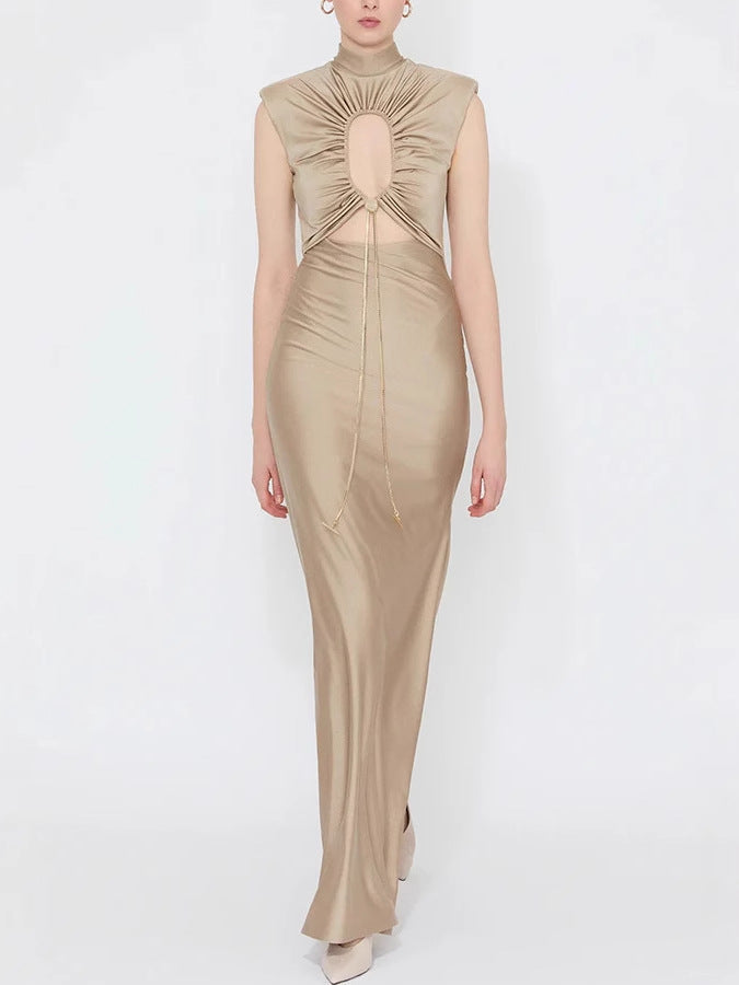 Solid Color Tie Neck Hollow Out Slim Fit Dress