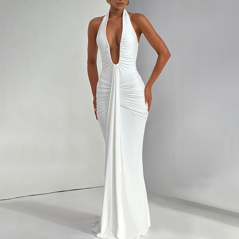 Solid Color Halter Neck Sleeveless Backless Sexy Dress