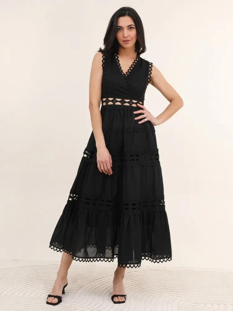 Women's V-Neck Summer Hollow Sleeveless Maxi Dress