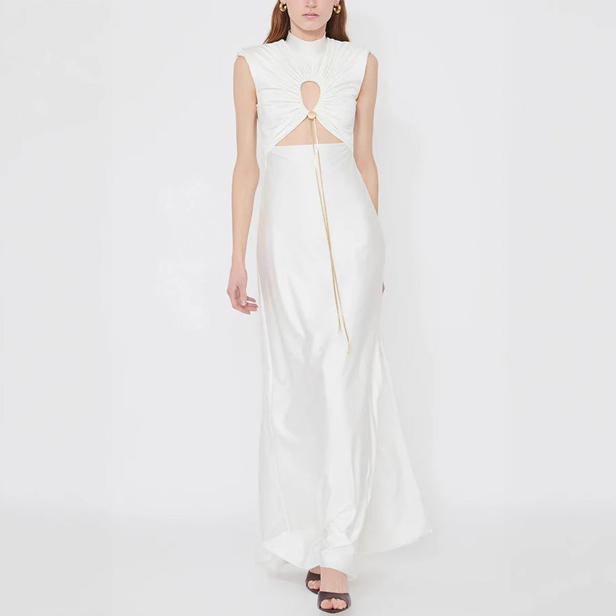 Solid Color Tie Neck Hollow Out Slim Fit Dress