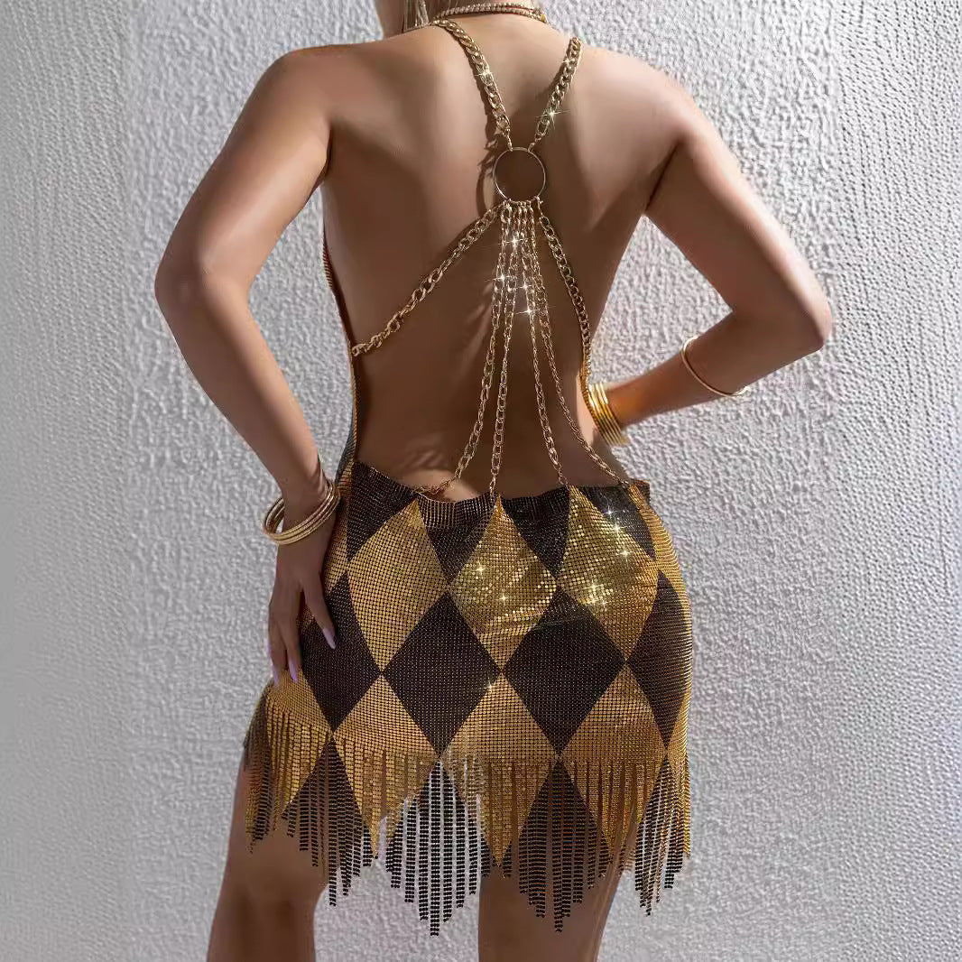 New metal splicing backless sexy dress