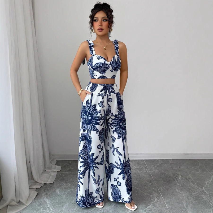 Sexy V-neck Camisole Top & Loose Waistband Wide-leg Pants