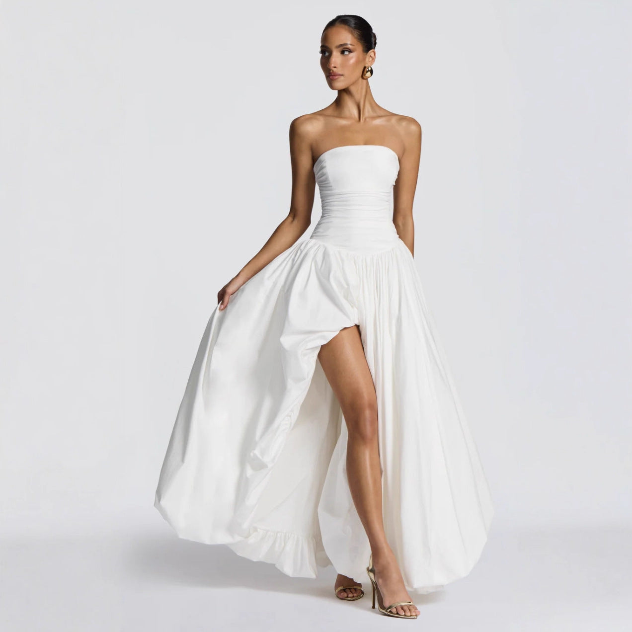Strapless Slit Tie Solid Color Dress