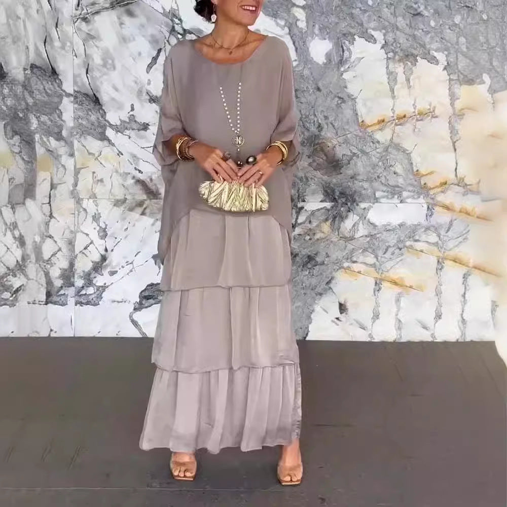 New Chiffon Mesh round-Neck Long Dress