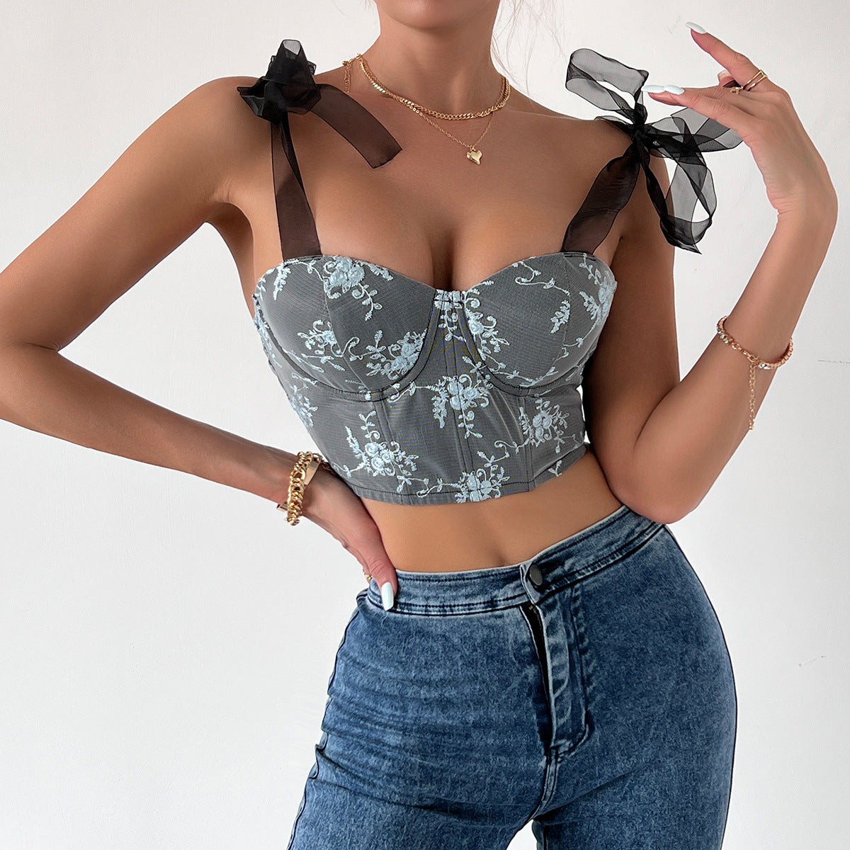 Sexy Backless Spaghetti Straps Steel Ring Fishbone Vest