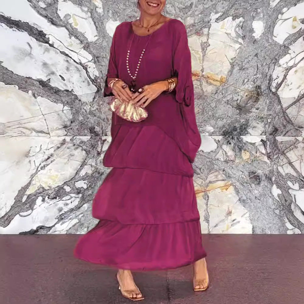 New Chiffon Mesh round-Neck Long Dress