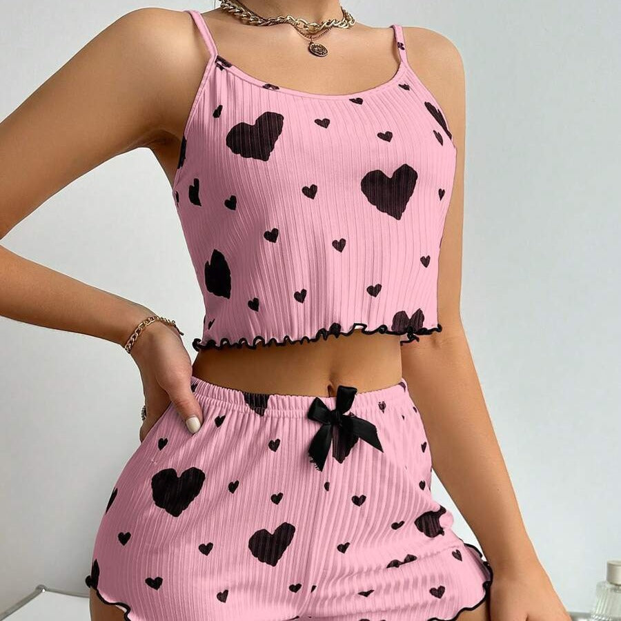 Stripe Heart Printing Sweet Spaghetti-Strap Pajamas