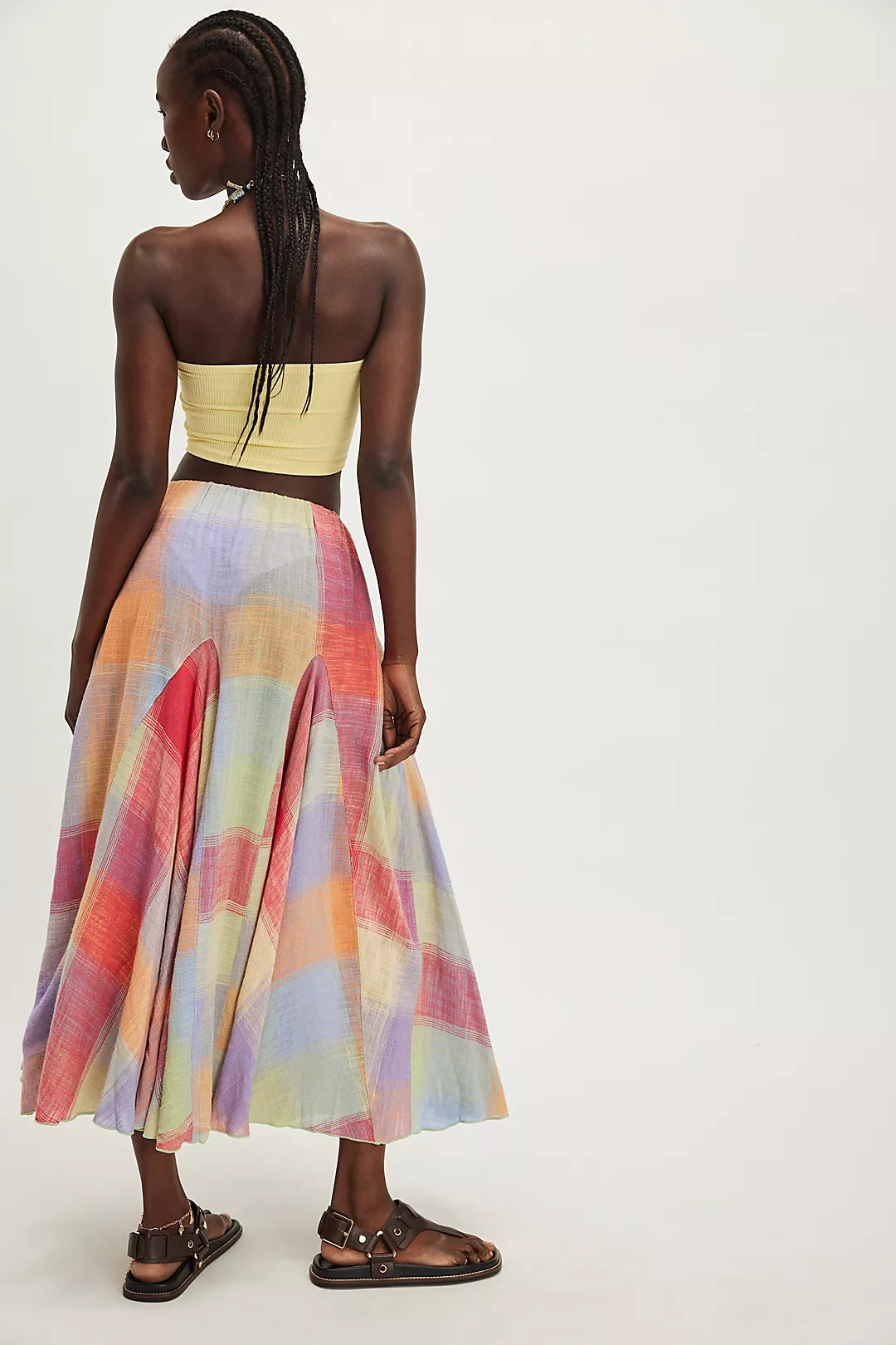 Summer Boho Colorful Plaid Midi Skirt – Flowy A-Line Pleated Elastic Waist