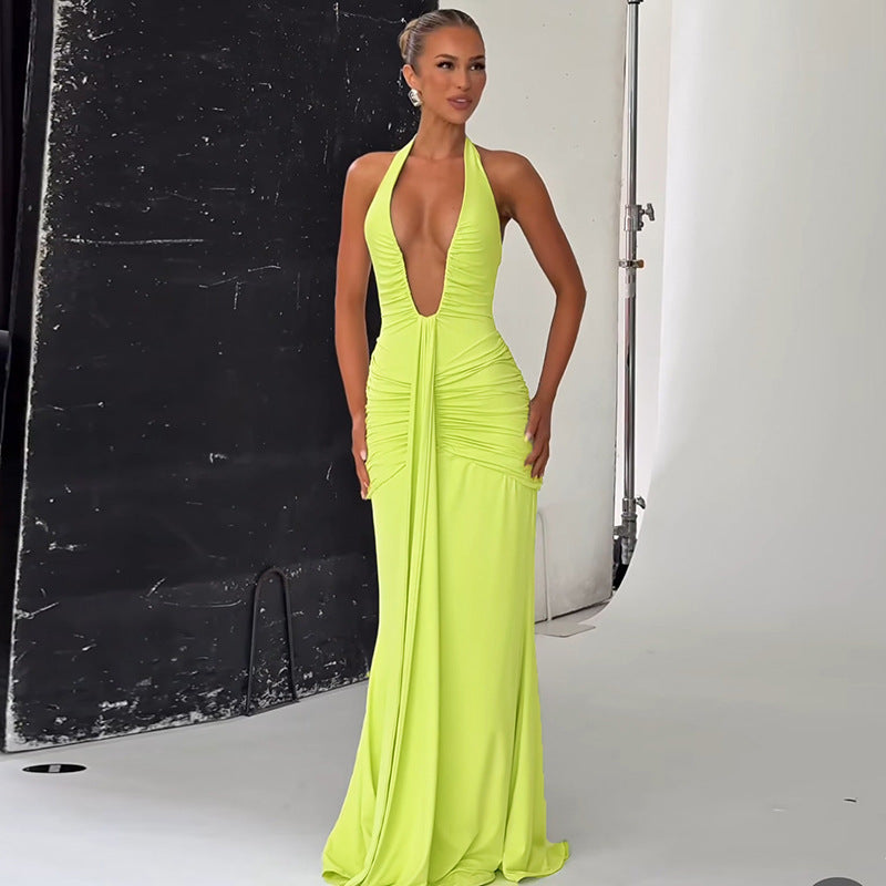 Solid Color Halter Neck Sleeveless Backless Sexy Dress