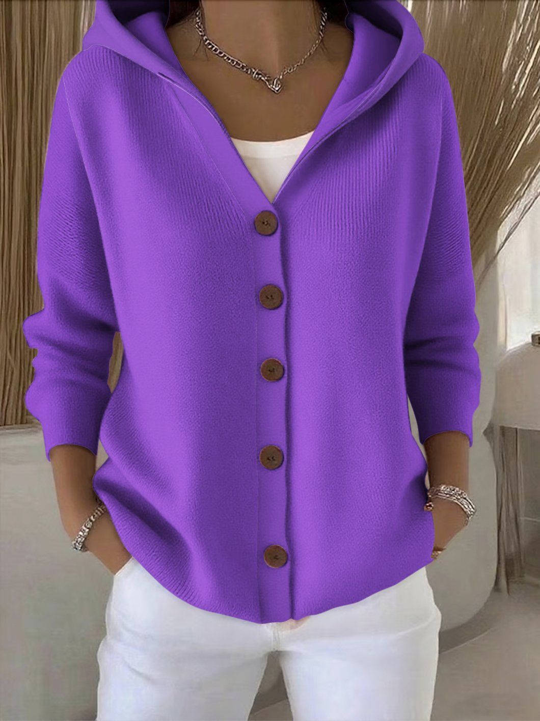 Solid Color Button Knitted Hooded Cardigan