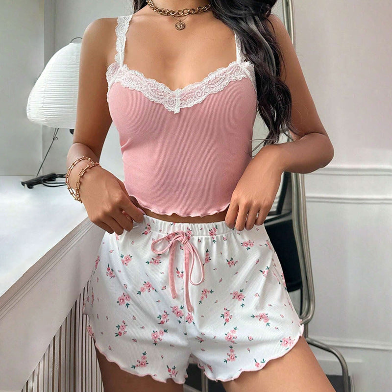 Home Wear Lace Suspender Shorts Suit