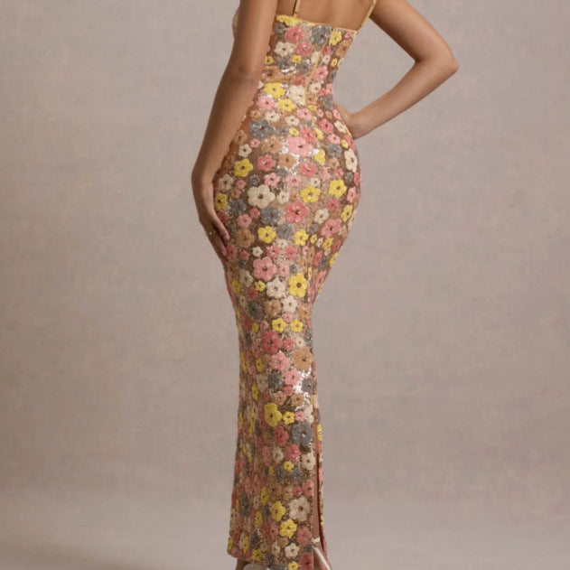 Sexy Spicy Girl Floral Print Sequin Square Neck Long Dress