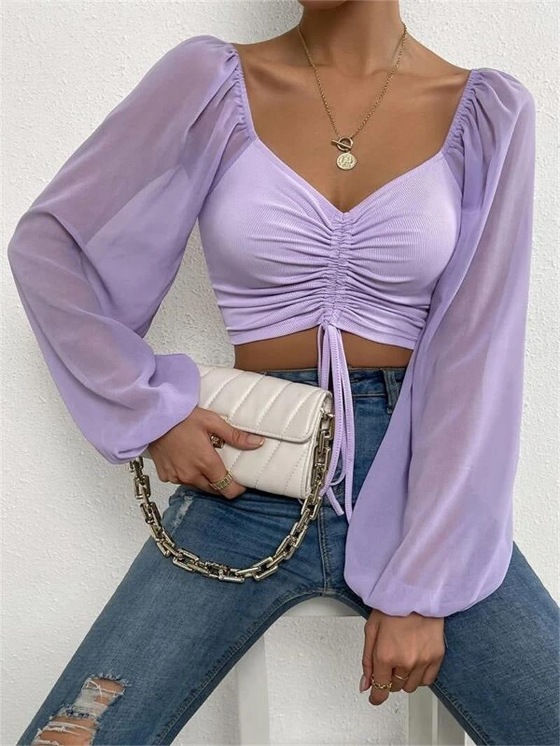 Low Cut Chiffon Patchwork Drawstring Bishop Sleeves Top