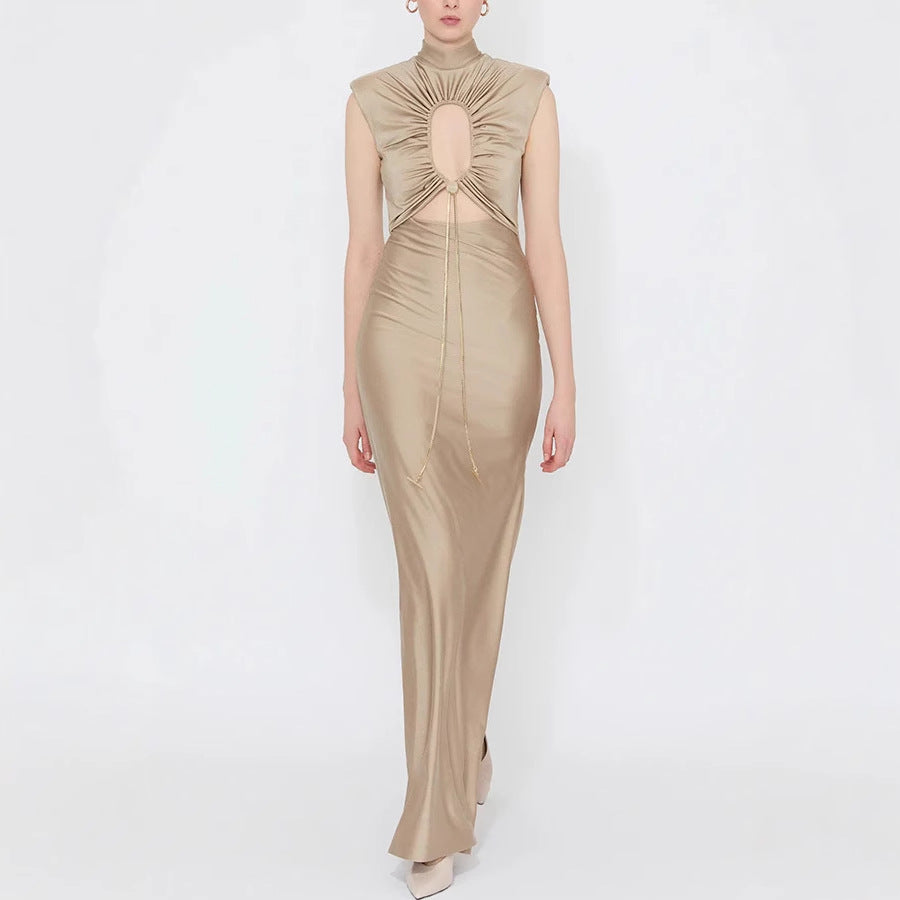 Solid Color Tie Neck Hollow Out Slim Fit Dress