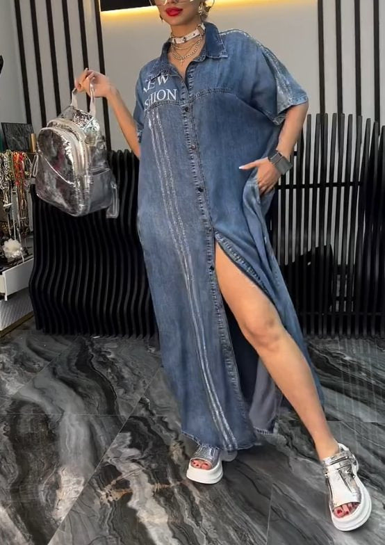 Casual Denim Letter Print Long Dress