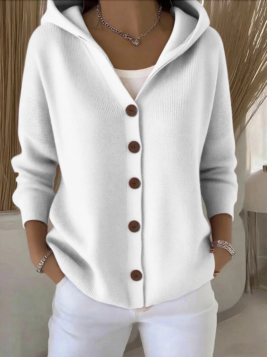 Solid Color Button Knitted Hooded Cardigan