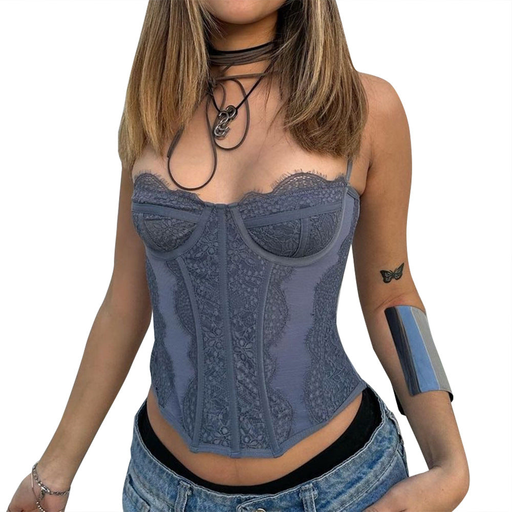 Lace Tube Hollow Backless See-through Strap Top