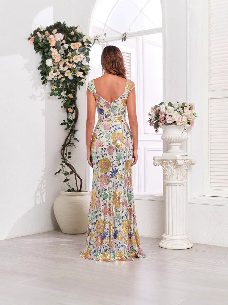V Neck Sequin Embroidery Birthday Party Evening Dress