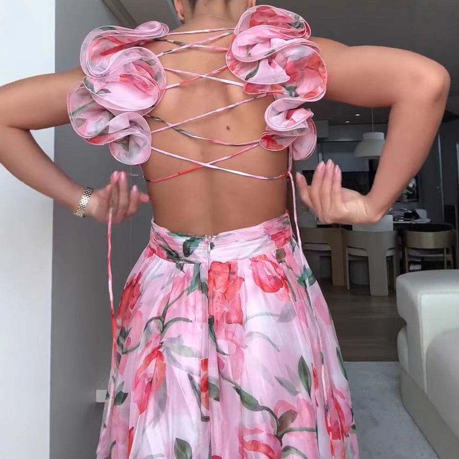 Vacation Style Sleeveless Slim Fit Waist-Cinching Printed Dress