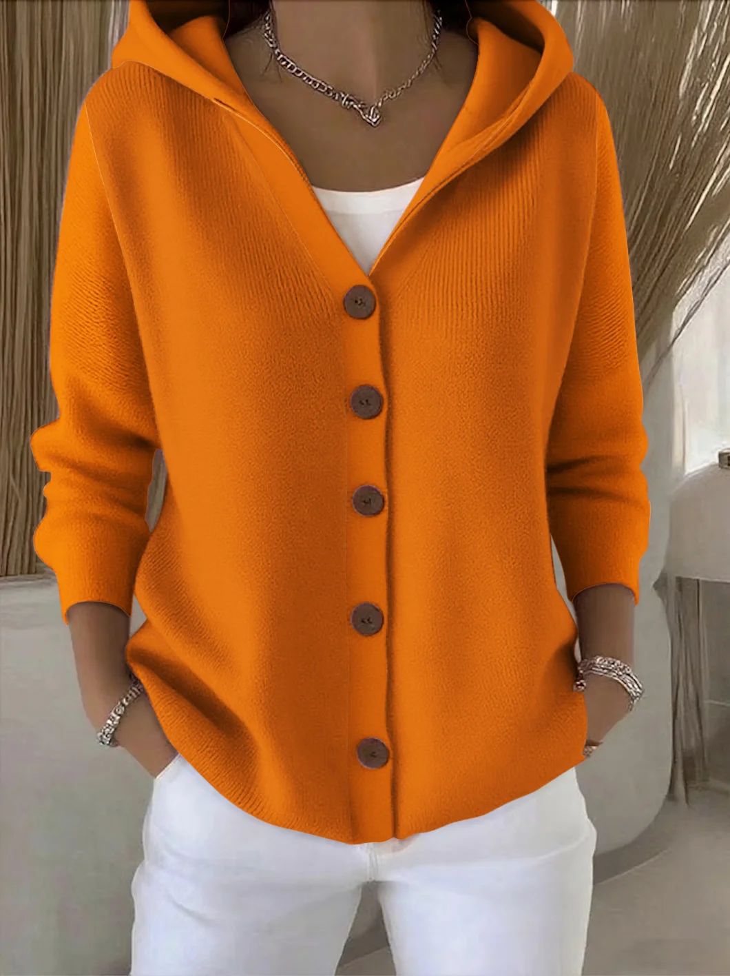 Solid Color Button Knitted Hooded Cardigan