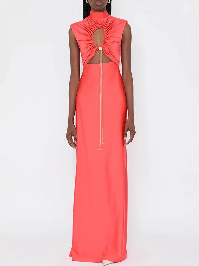 Solid Color Tie Neck Hollow Out Slim Fit Dress