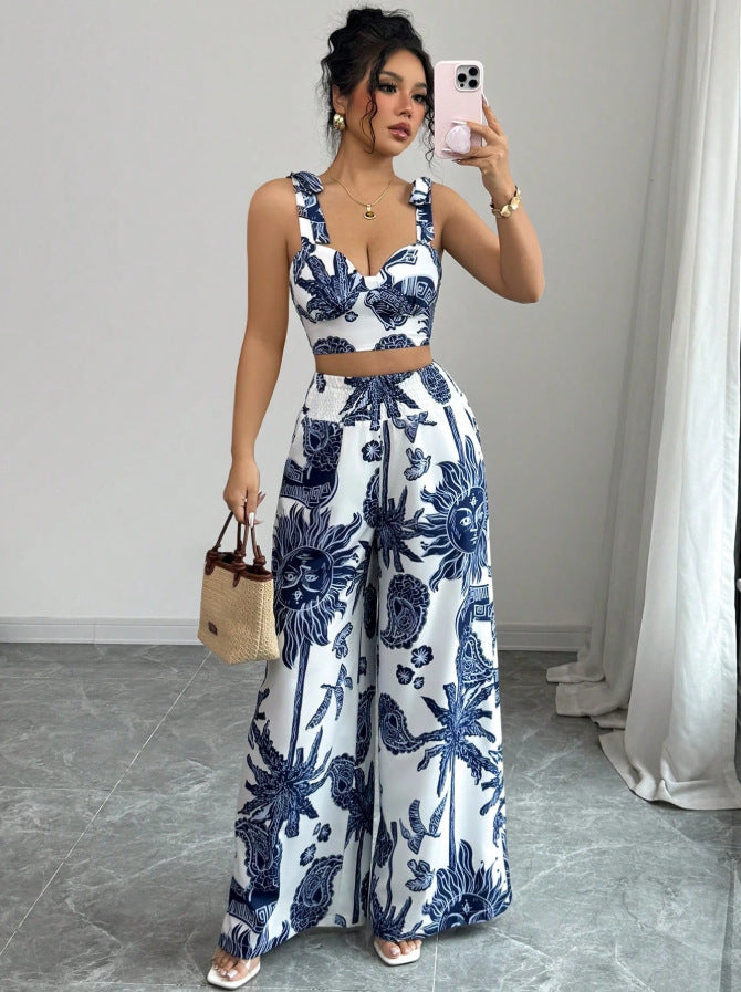 Sexy V-neck Camisole Top & Loose Waistband Wide-leg Pants