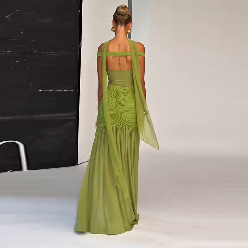 Low Neck Raglan Pleated Patchwork Mesh Dress