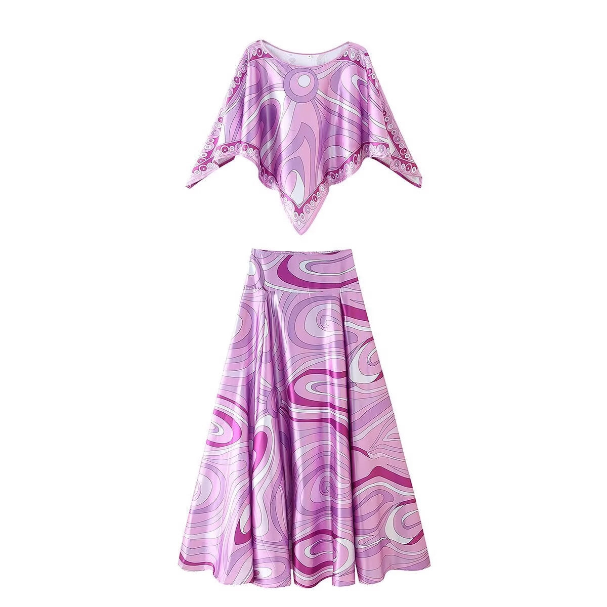 Women's Casual Set Printed Color Top + Flared Printed Color Skirt