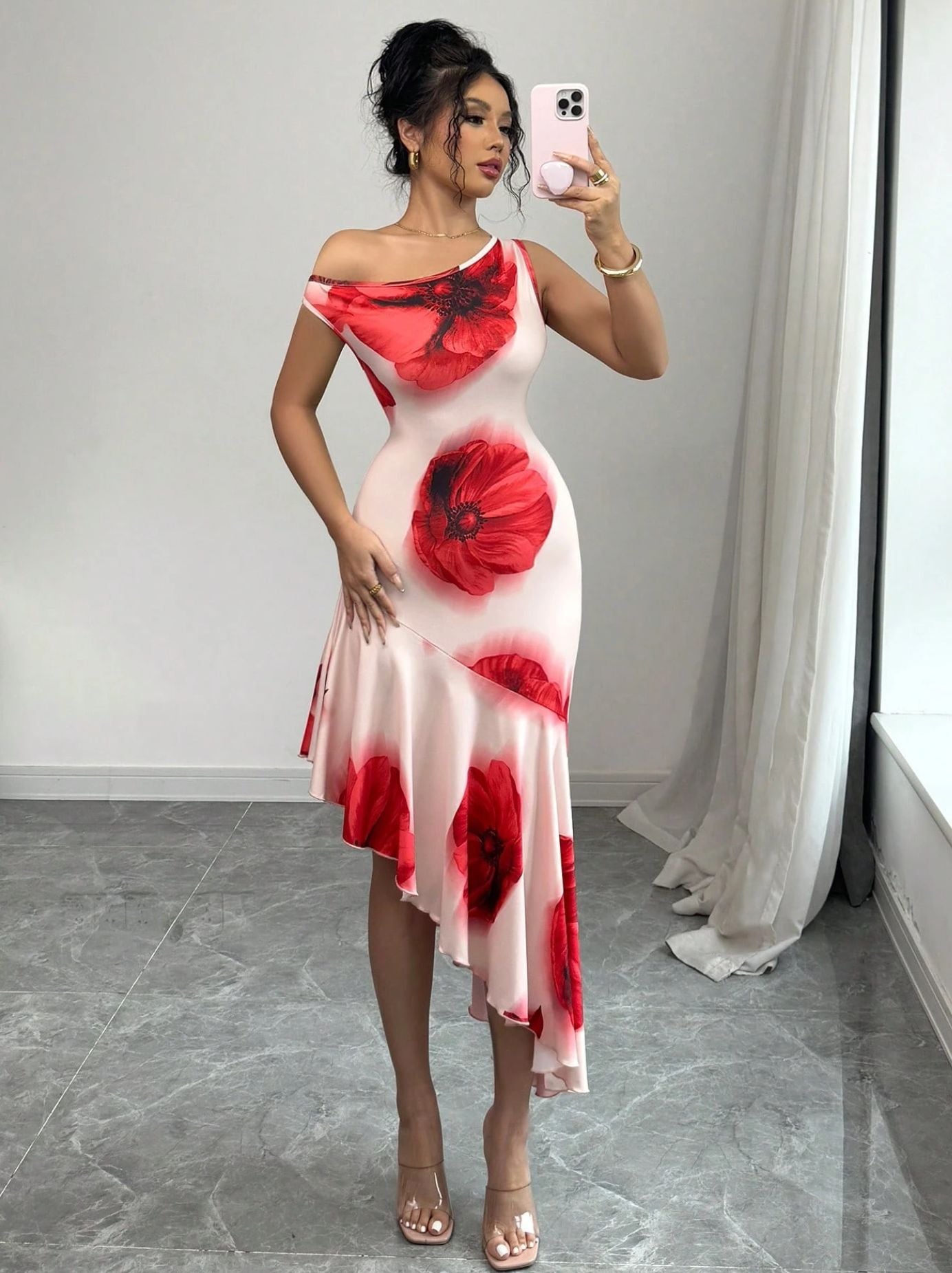 Asymmetric Hibiscus Floral Dress
