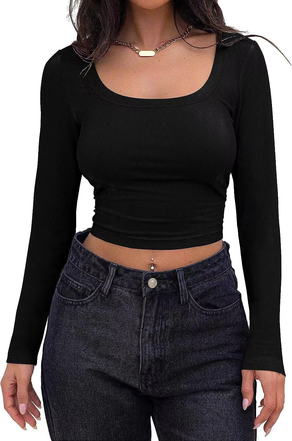 Slim-Fit Short Long Sleeve Square Neck T-shirt