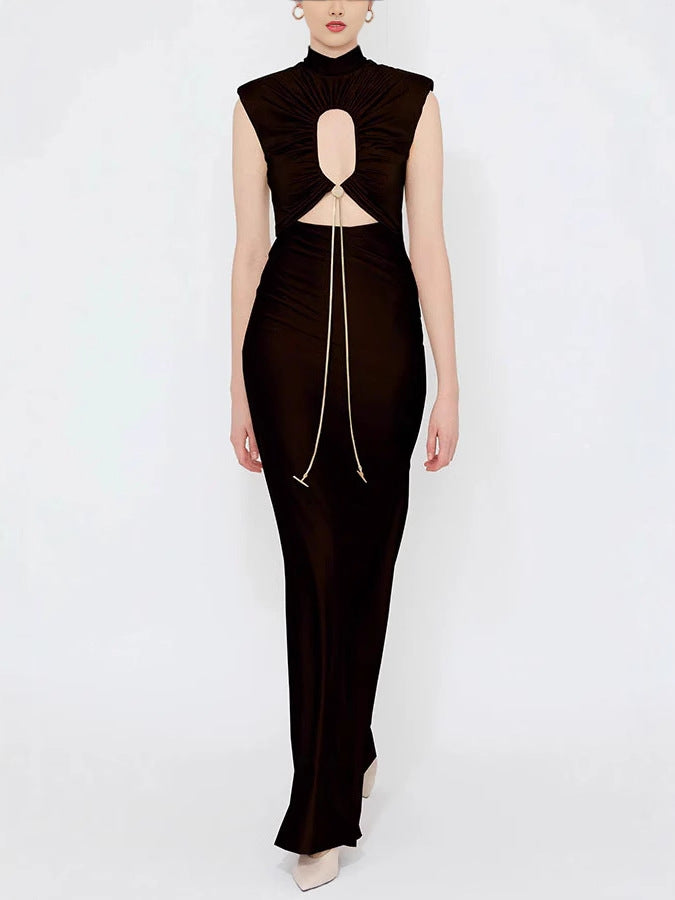 Solid Color Tie Neck Hollow Out Slim Fit Dress