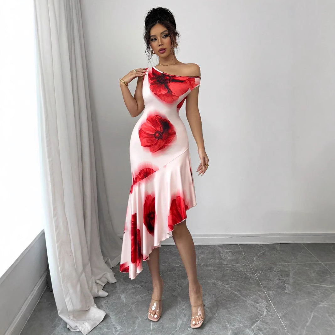 Asymmetric Hibiscus Floral Dress