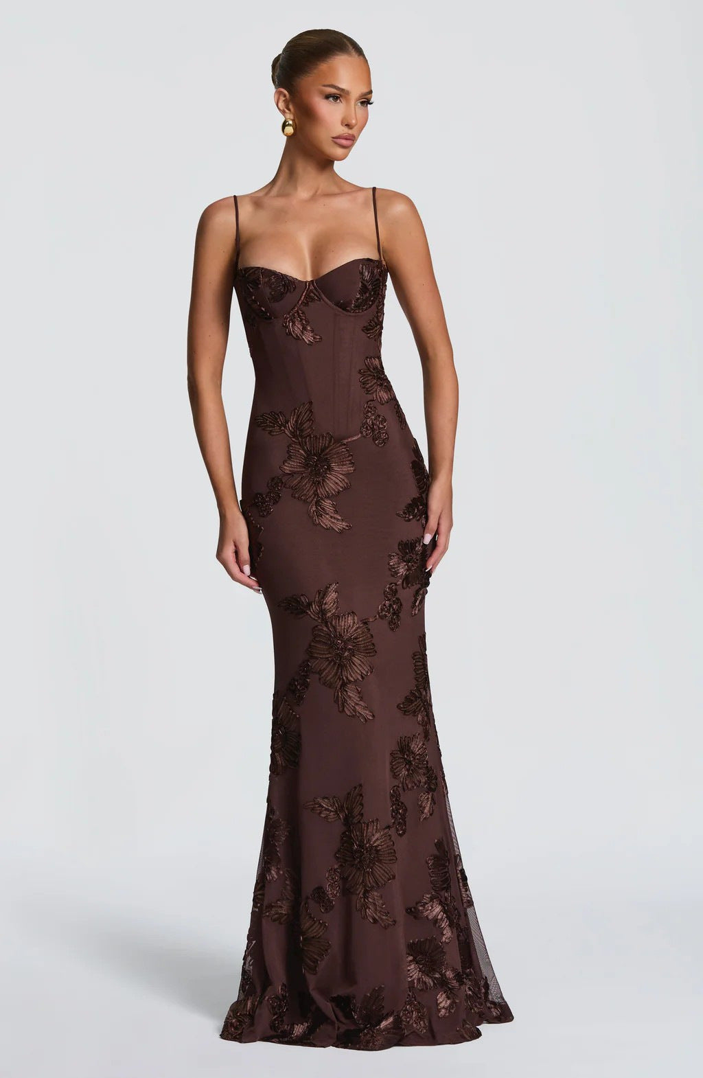 Floral Appliqué Backless Mermaid Evening Gown