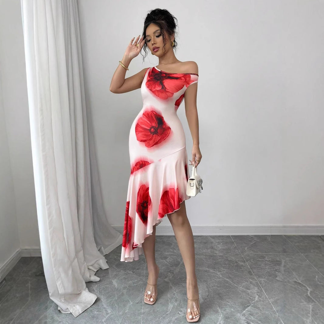 Asymmetric Hibiscus Floral Dress
