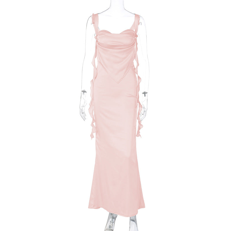 Strap Backless Ruffled Ribbon Dress